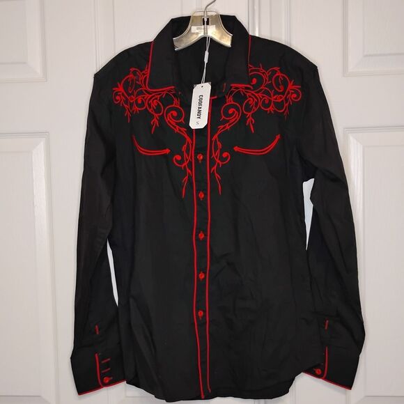 Coofandy Fitted Western Shirt Black with Red Embroidery Sz S - Picture 2 of 6
